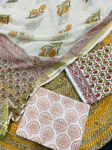 SJC Hand Block Print Cotton Suit Fabric with Kota Doria Dupatta