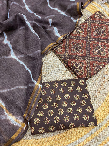 SJH Hand Block Print Cotton Fabric With Kota Doria Dupatta