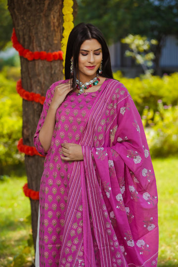 DEEP PINK COTTON KURTA CHIKAN PALAZZO SET OF THREE