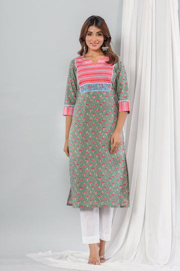 Green Pink Floral Kurta Set