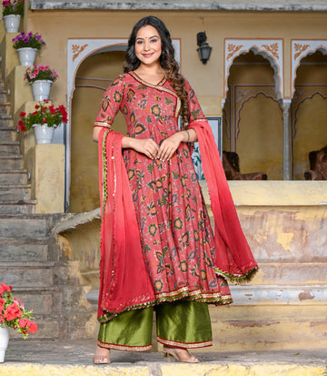 MAROON FLORAL PRINT SILK SLUB ANGRAKHA SET