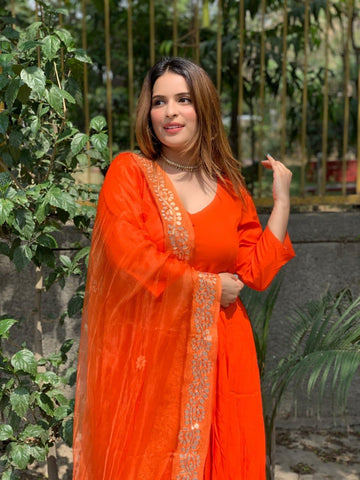 ORANGE RAYON ANARKALI WITH ORGANZA DUPATTA