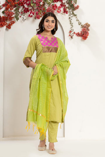 Pista Green Brocade Yoke Kurta Set