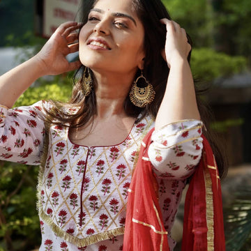 RED BLOCK PRINT COTTON SHARARA SET OF THREE