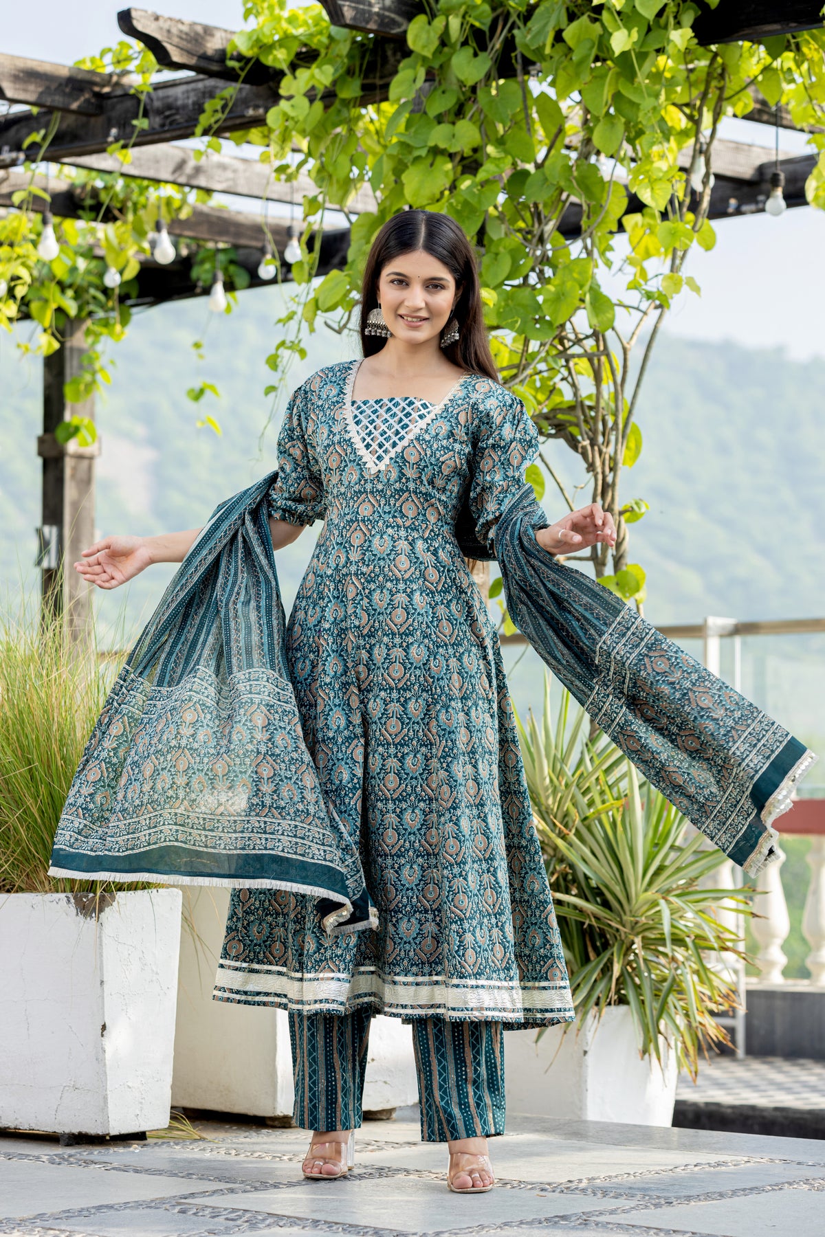 Panna Motif Anarkali Kurta With Pant And Dupatta