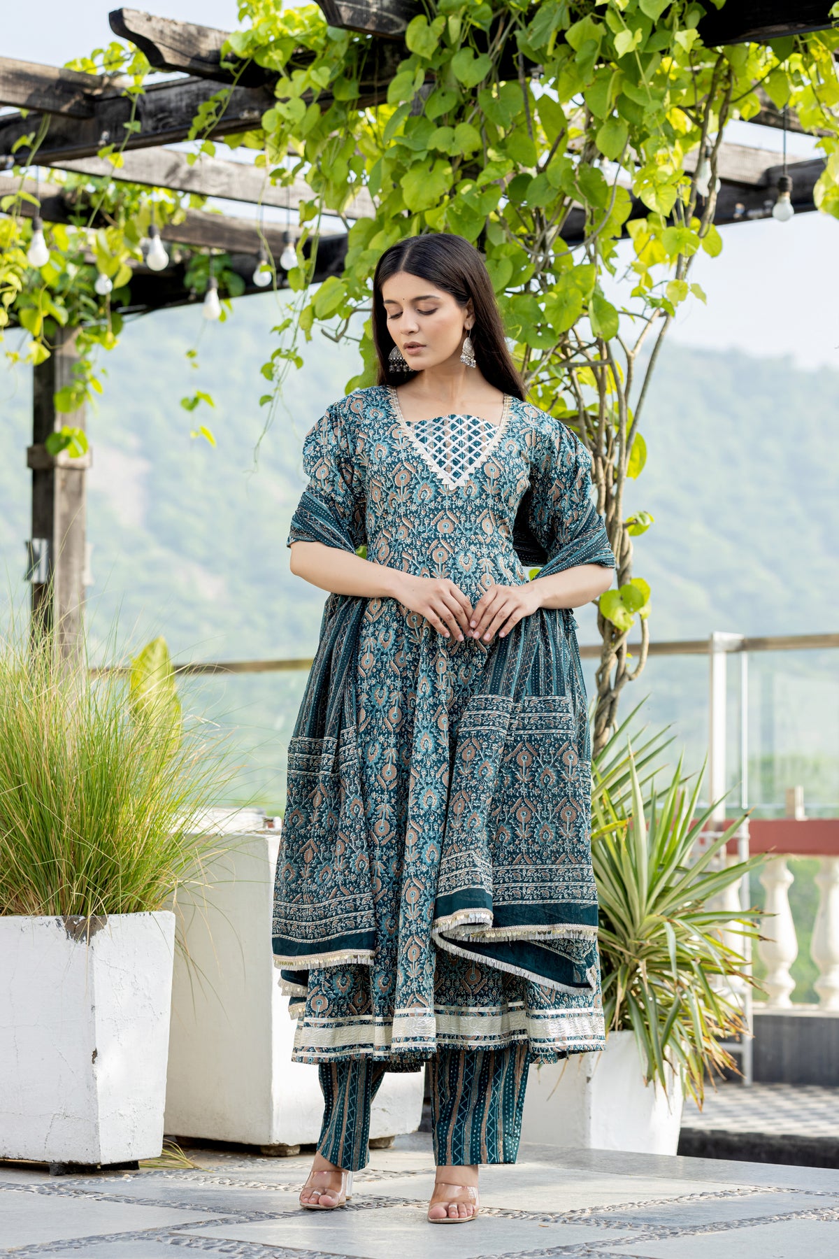 Panna Motif Anarkali Kurta With Pant And Dupatta