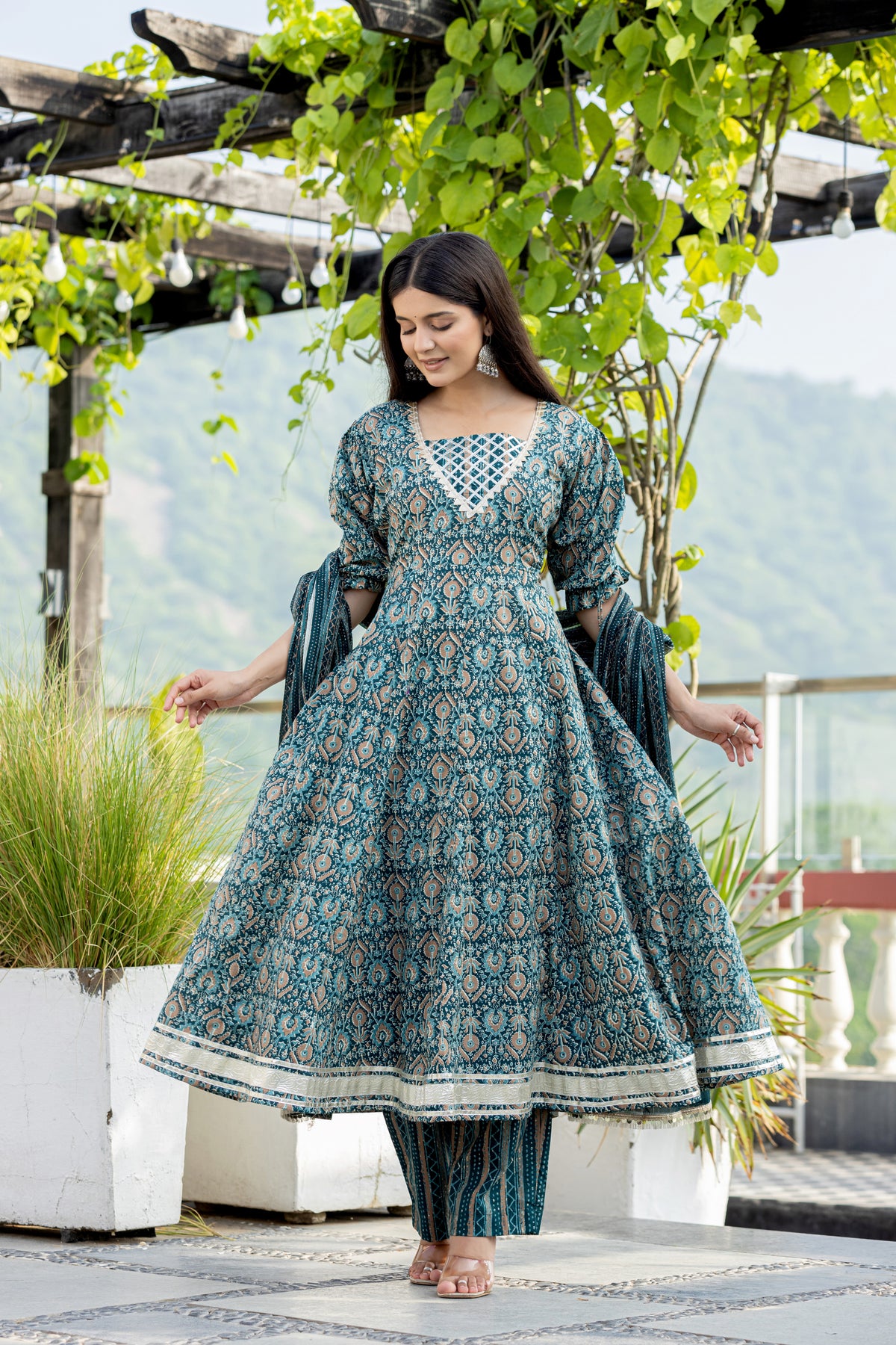 Panna Motif Anarkali Kurta With Pant And Dupatta