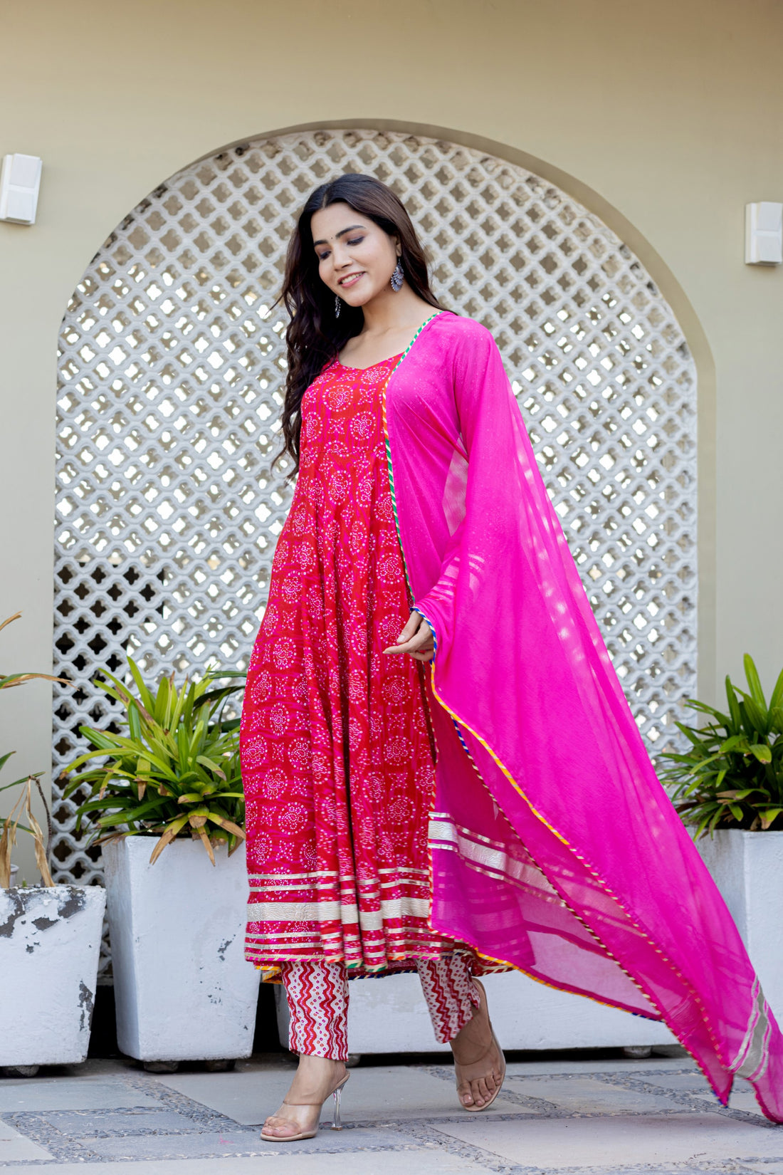 Gulaabi Bandhej Anarkali With Chiffon Dupatta