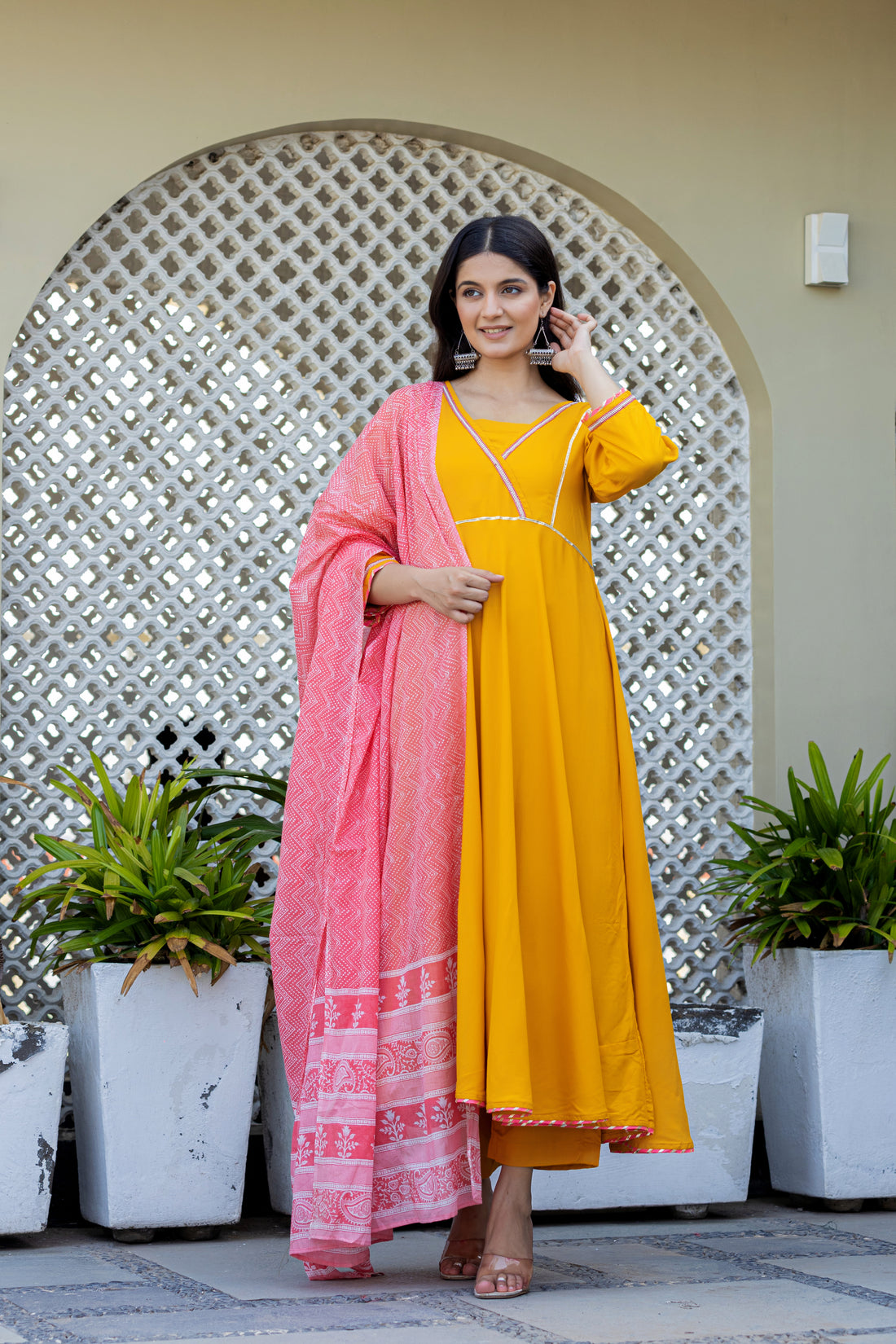 Mustard Anarkali With Printed Cotton Dupatta