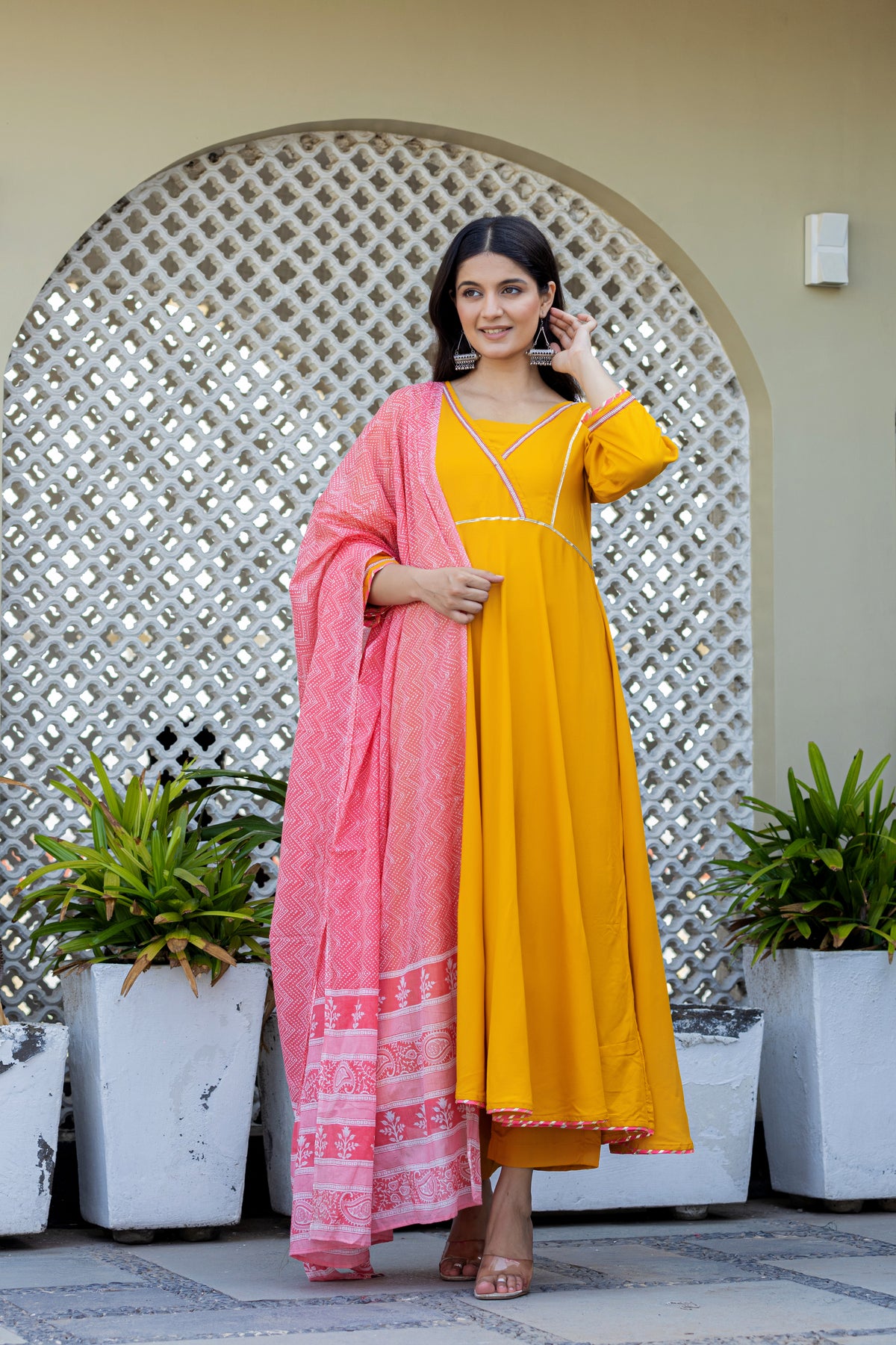 Mustard Anarkali With Printed Cotton Dupatta