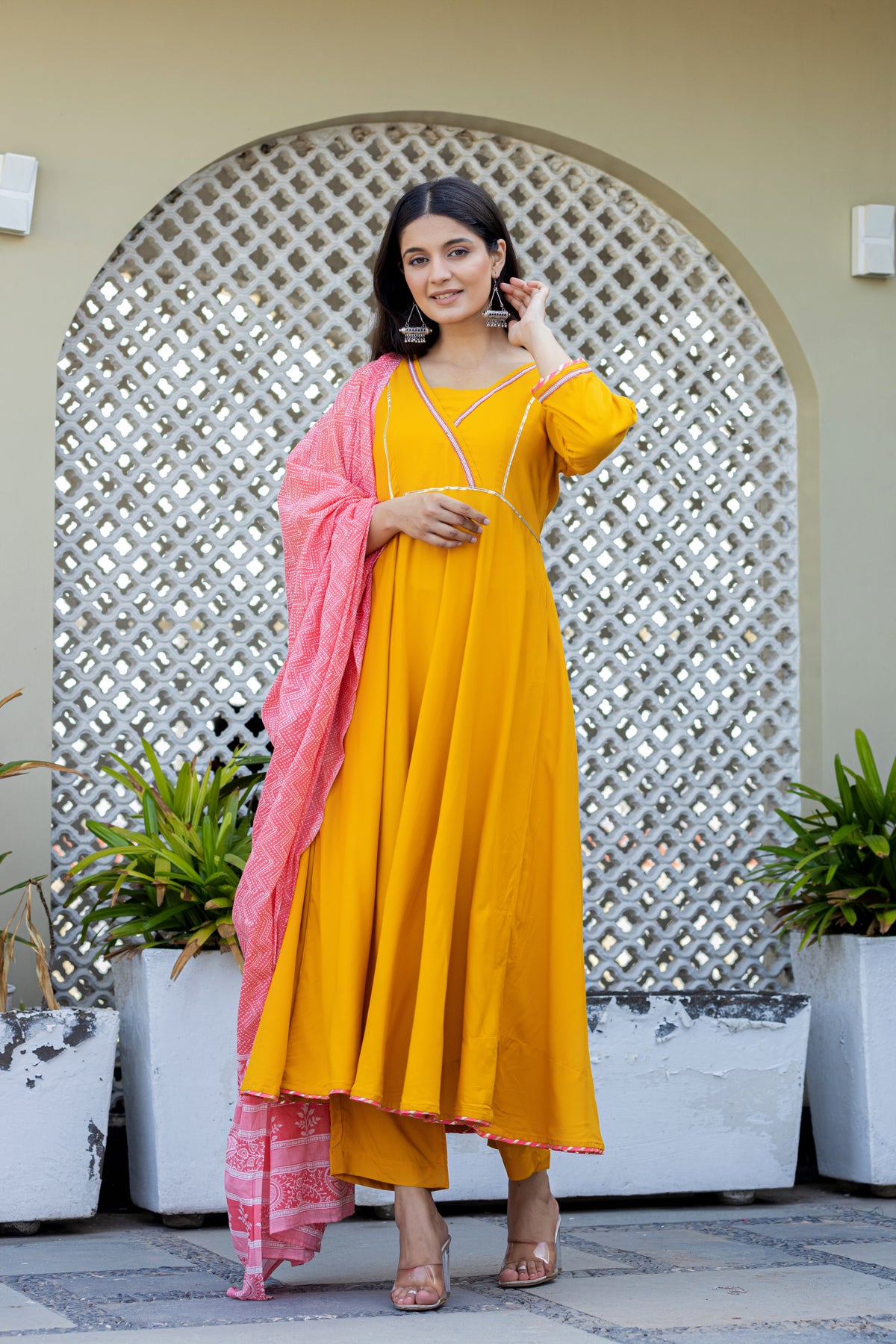 Mustard Anarkali With Printed Cotton Dupatta