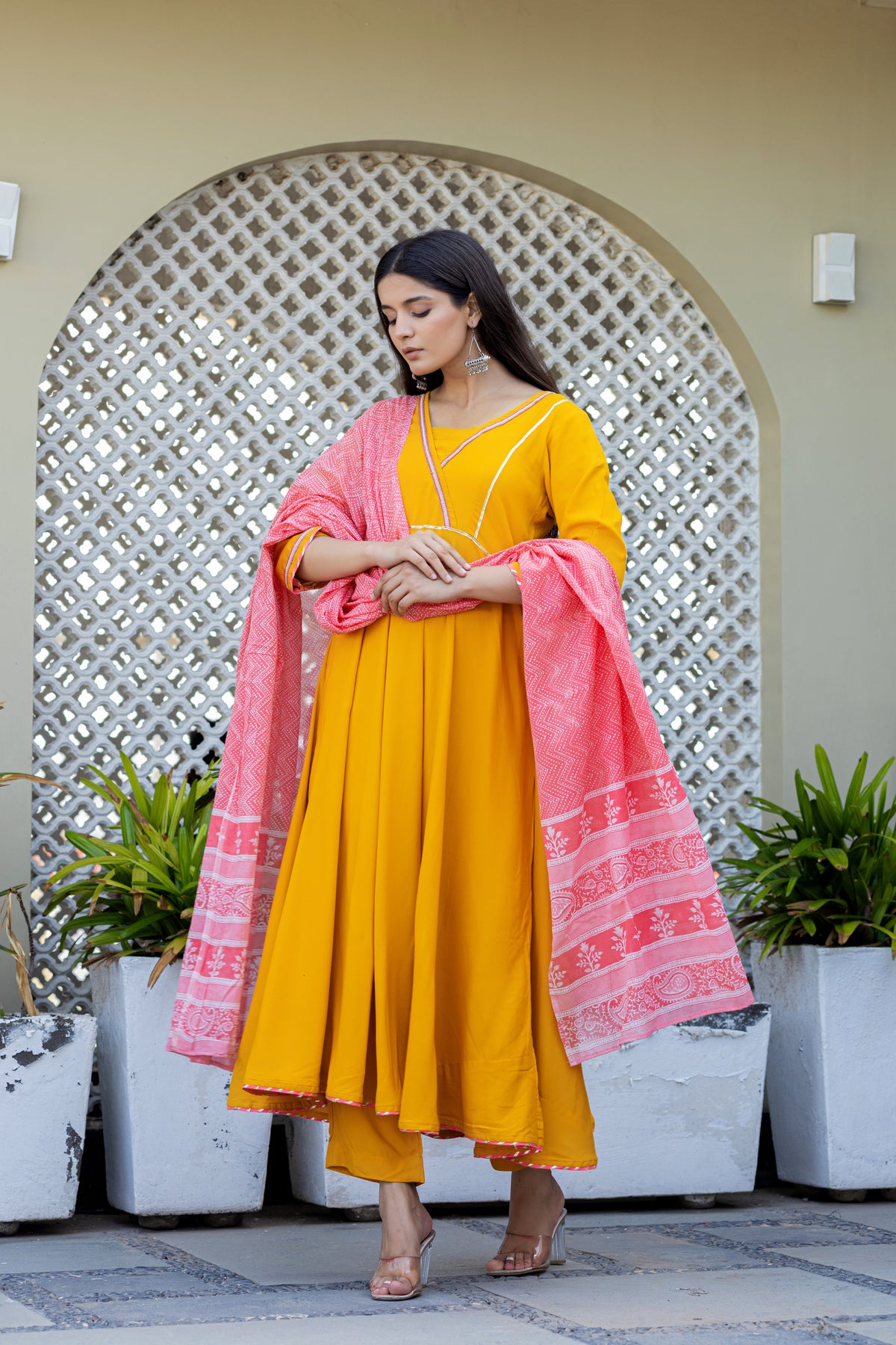 Mustard Anarkali With Printed Cotton Dupatta