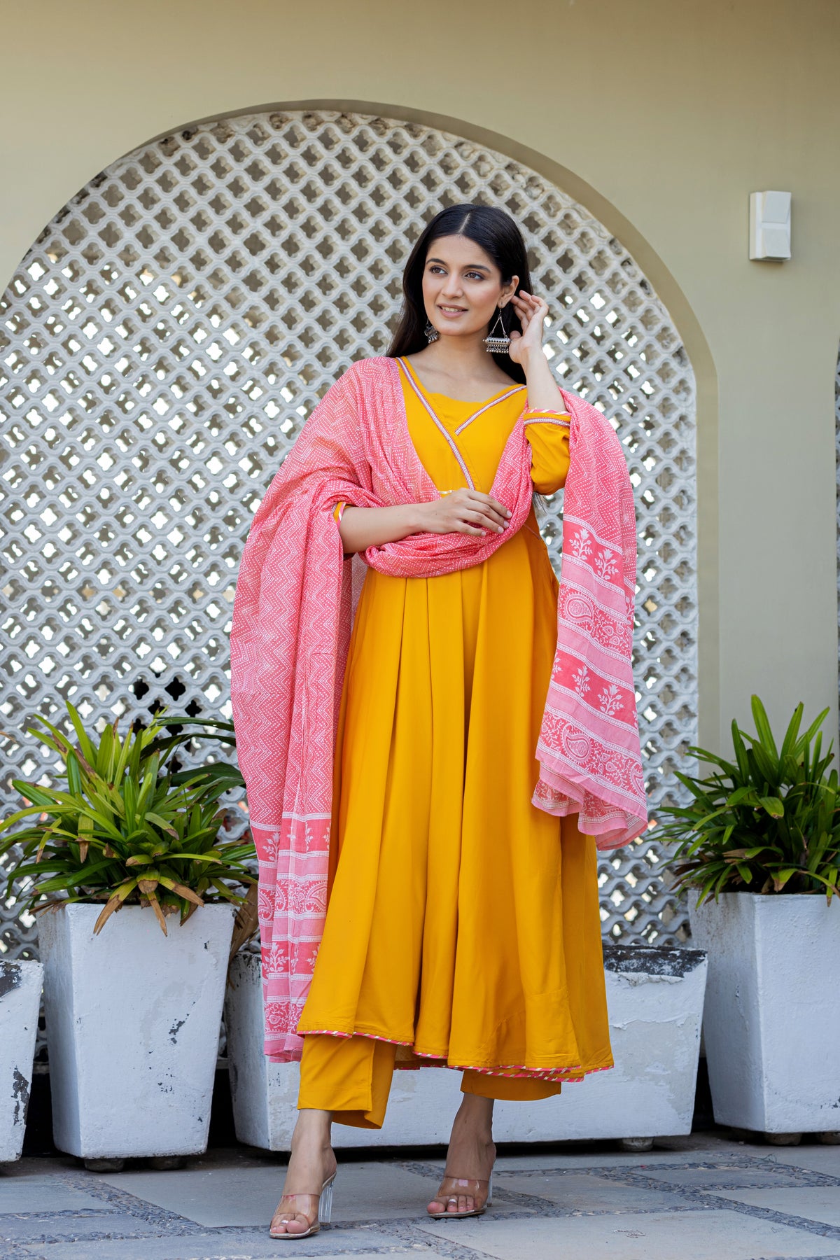 Mustard Anarkali With Printed Cotton Dupatta
