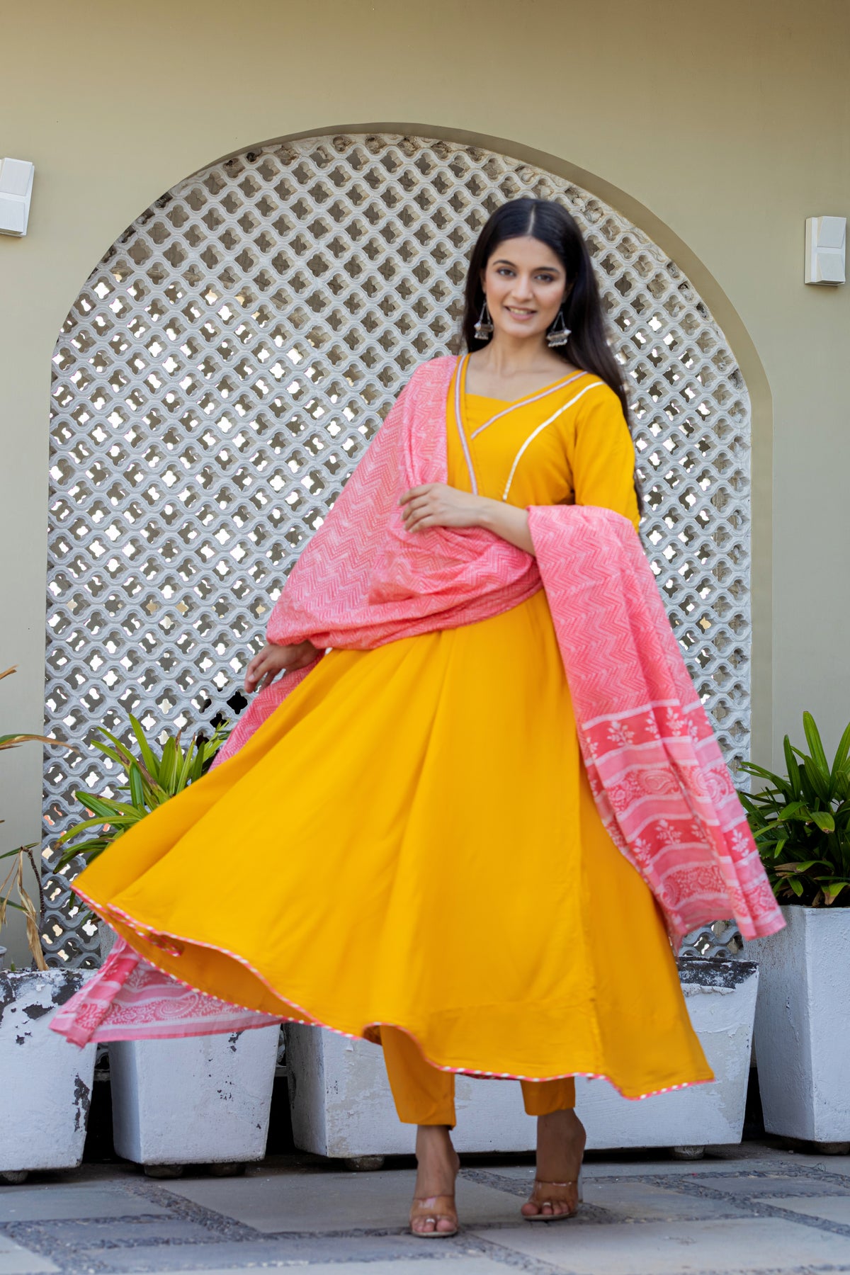 Mustard Anarkali With Printed Cotton Dupatta