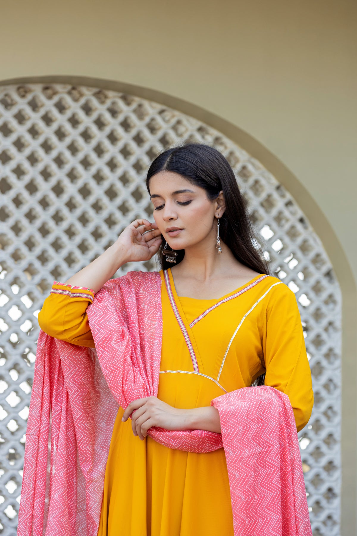 Mustard Anarkali With Printed Cotton Dupatta
