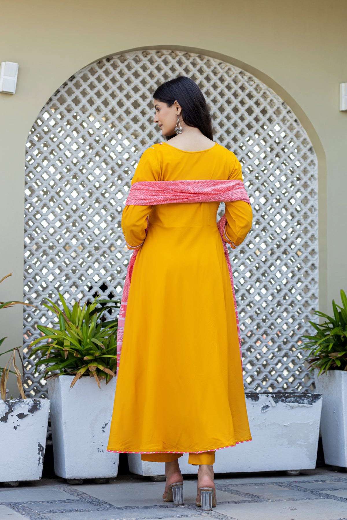 Mustard Anarkali With Printed Cotton Dupatta