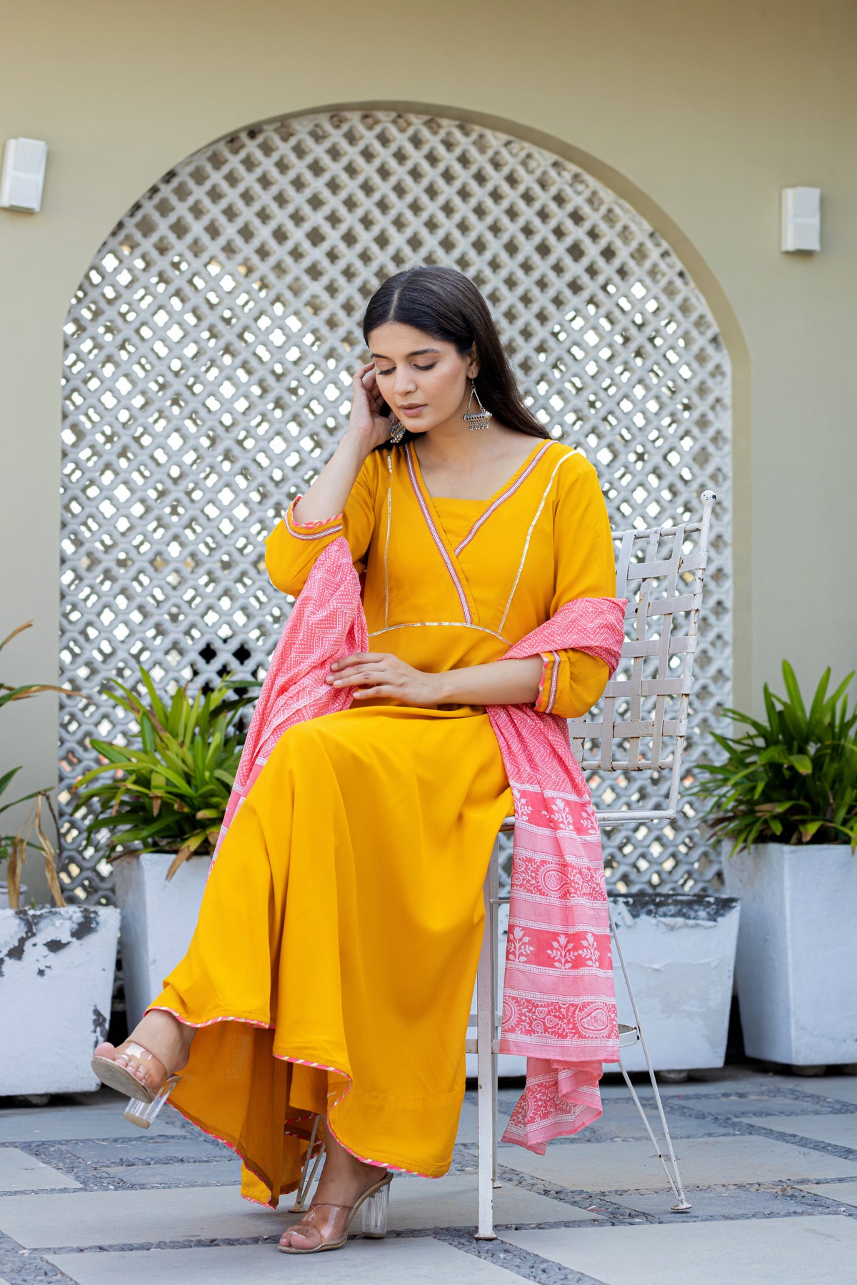 Mustard Anarkali With Printed Cotton Dupatta