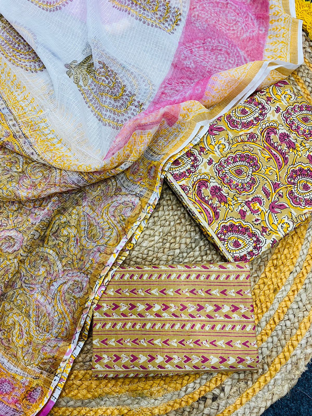 SJE Hand Block Print Cotton Suit Fabric With Kota Doria Dupatta