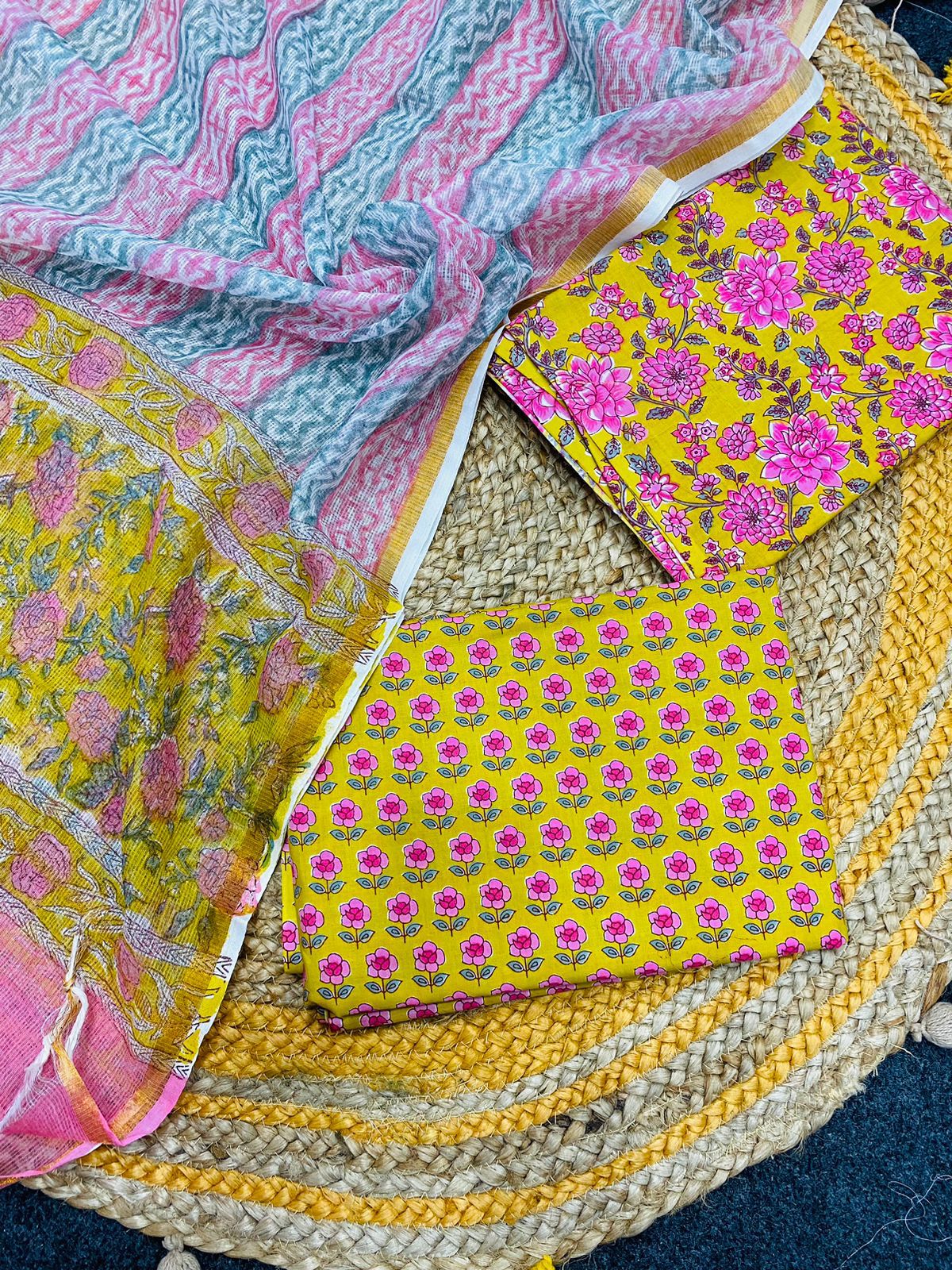 SJI Hand Block Print Cotton Suit Fabric With Kota Doria Dupatta