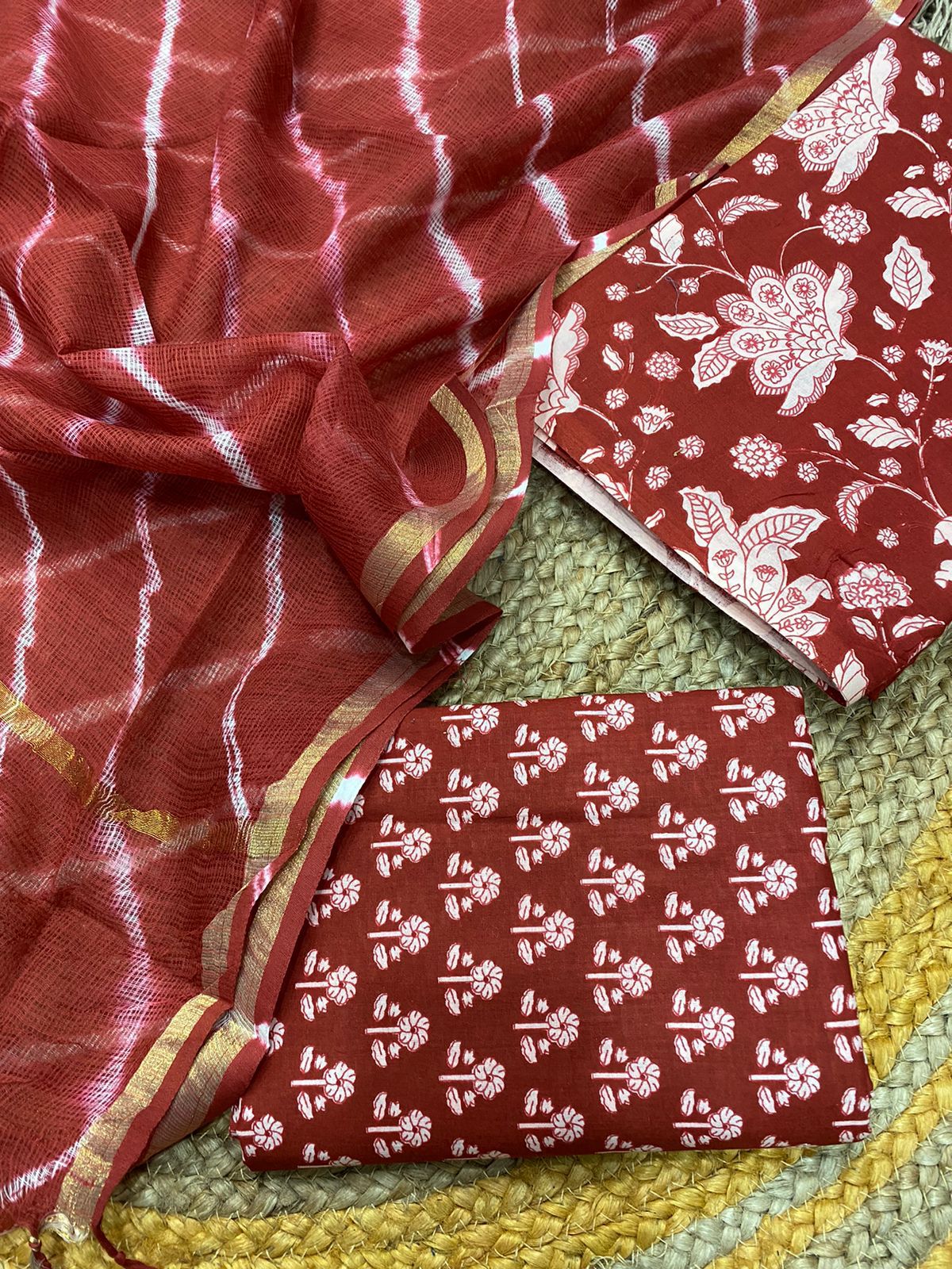 SJJ Hand Block Print Cotton Suit Fabric With Kota Doria Dupatta