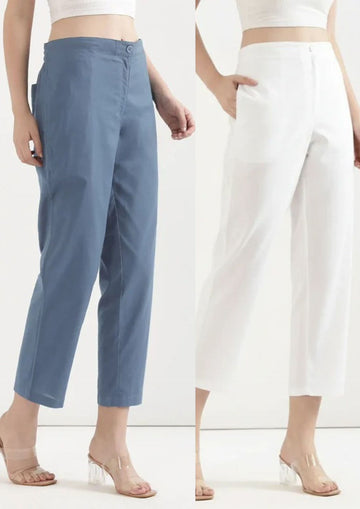 Women's Linen Straight Pant - White & True Blue (Pack of 2)