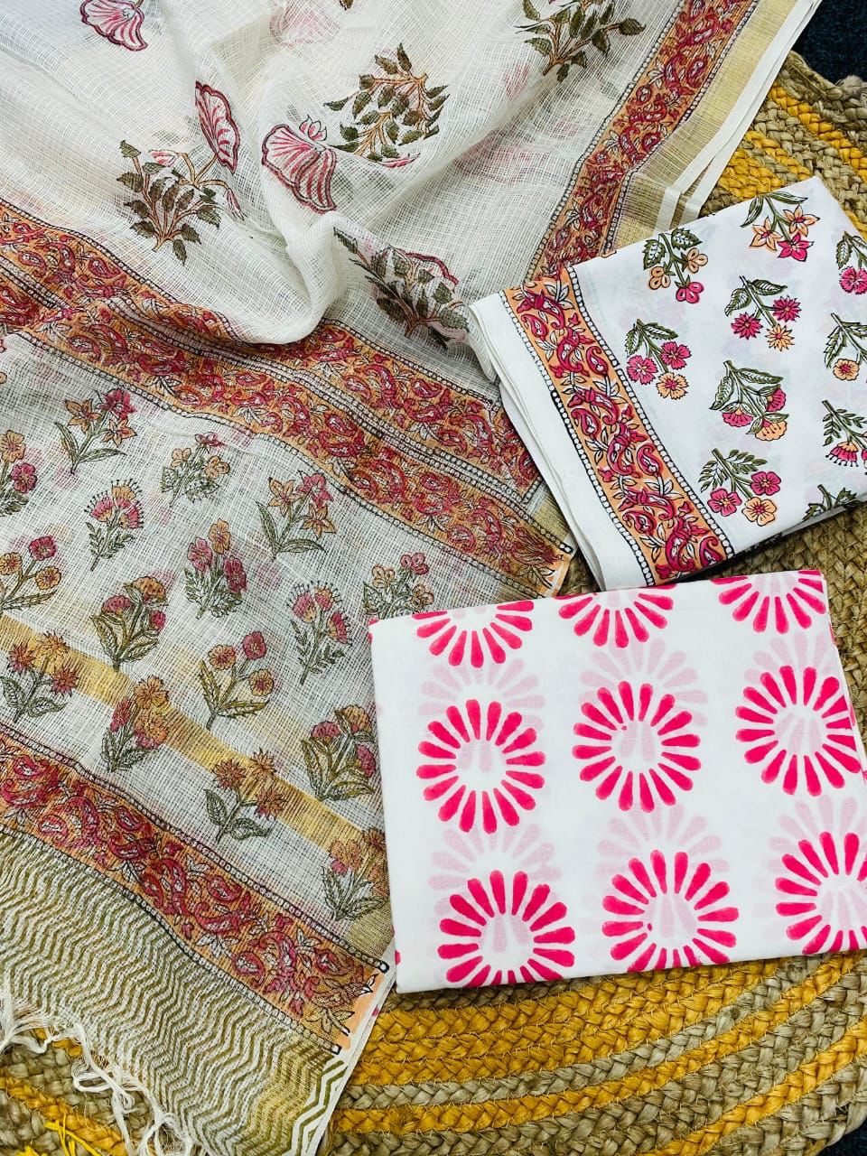 SJL Hand Block Print Cotton Suit Fabric With Kota Doria Dupatta