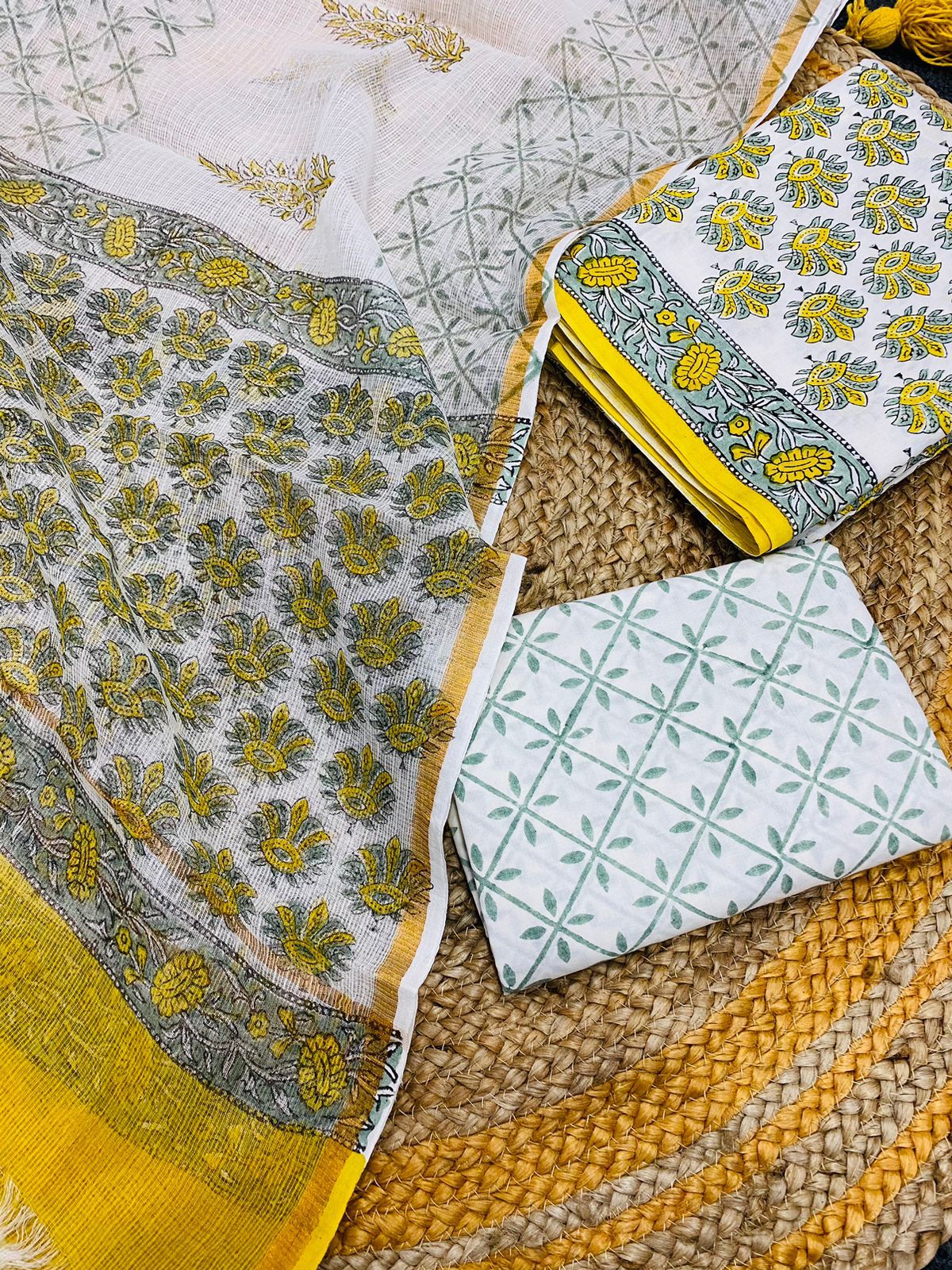 SJM Hand Block Print Cotton Suit Fabric With Kota Doria Dupatta