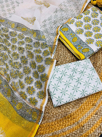 SJM Hand Block Print Cotton Suit Fabric With Kota Doria Dupatta