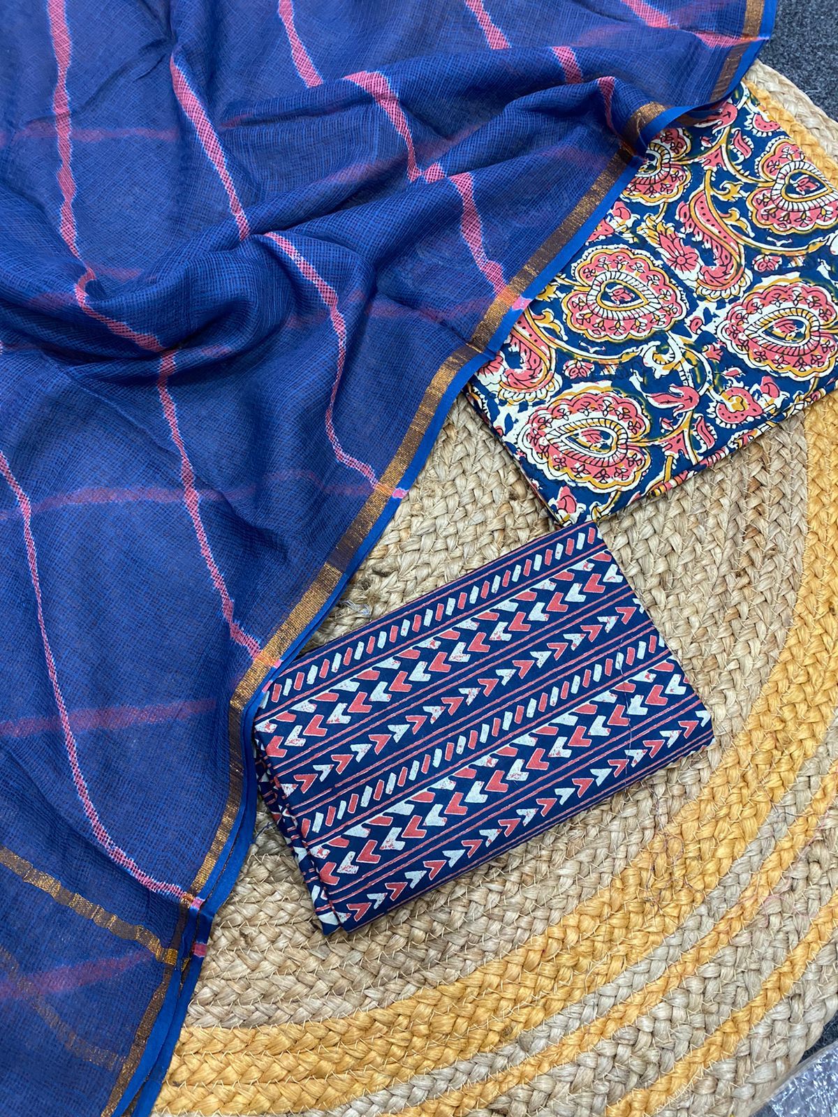 SJO Hand Block Print Cotton Suit Fabric With Kota Doria Dupatta
