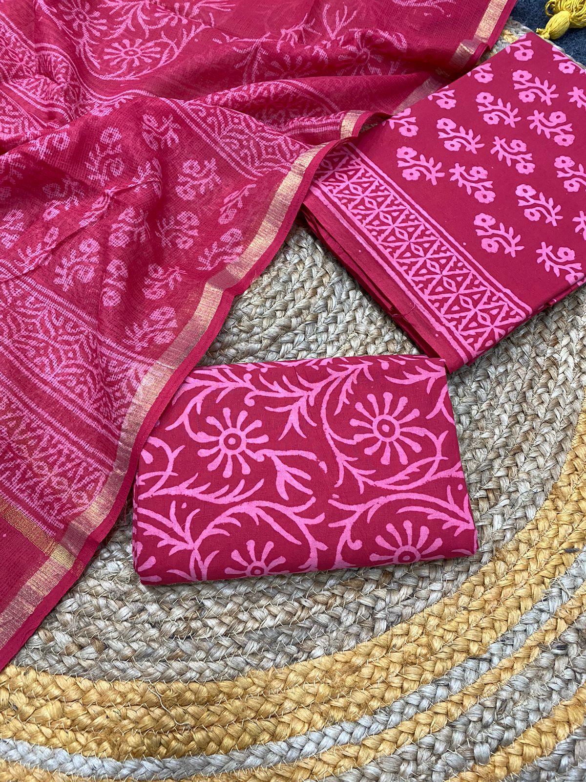 SJP Hand Block Print Cotton Fabric With Kota Doria Dupatta