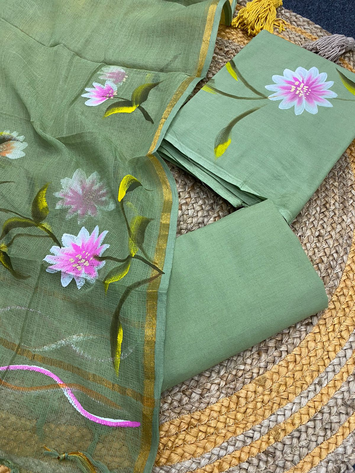 SJQ Hand Block Print Cotton Suit Fabric With Kota Doria Dupatta