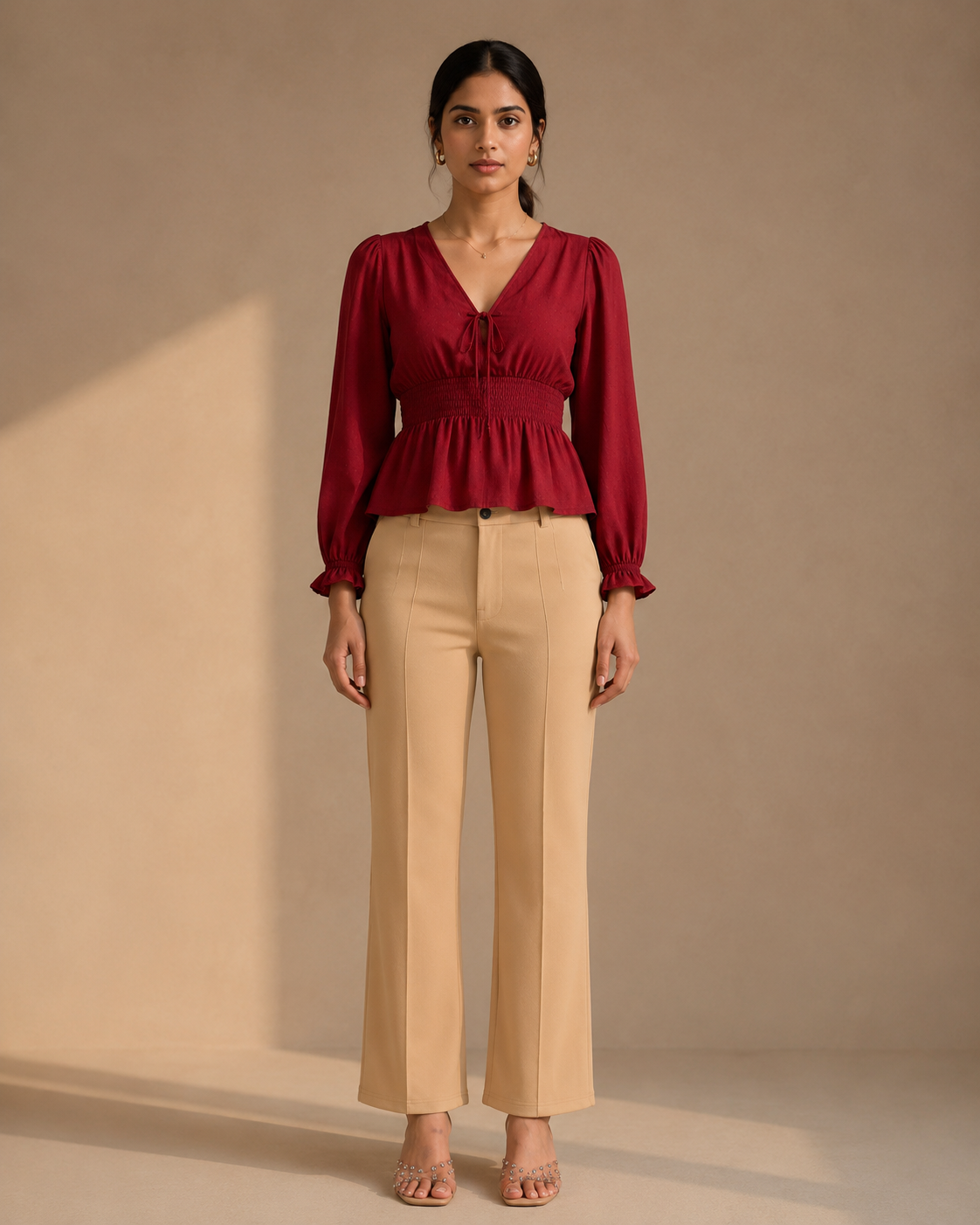 Beige Pintuck Lycra Pants