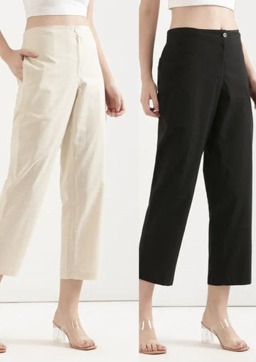 Women's Linen Straight Pant - Off White & Black (Pack of 2)