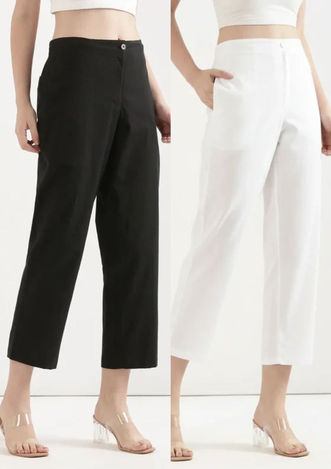 Women's Linen Straight Pant - White & Black (Pack of 2)