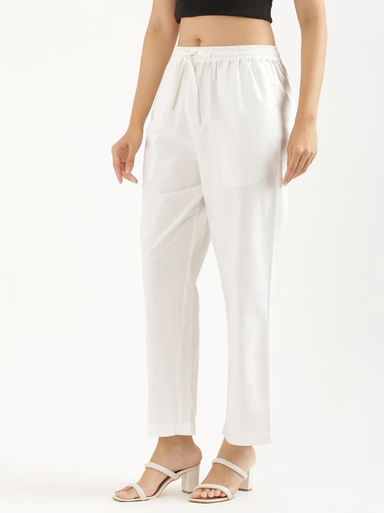 Women's Cotton Straight Pant - White & Beige (Pack of 2)