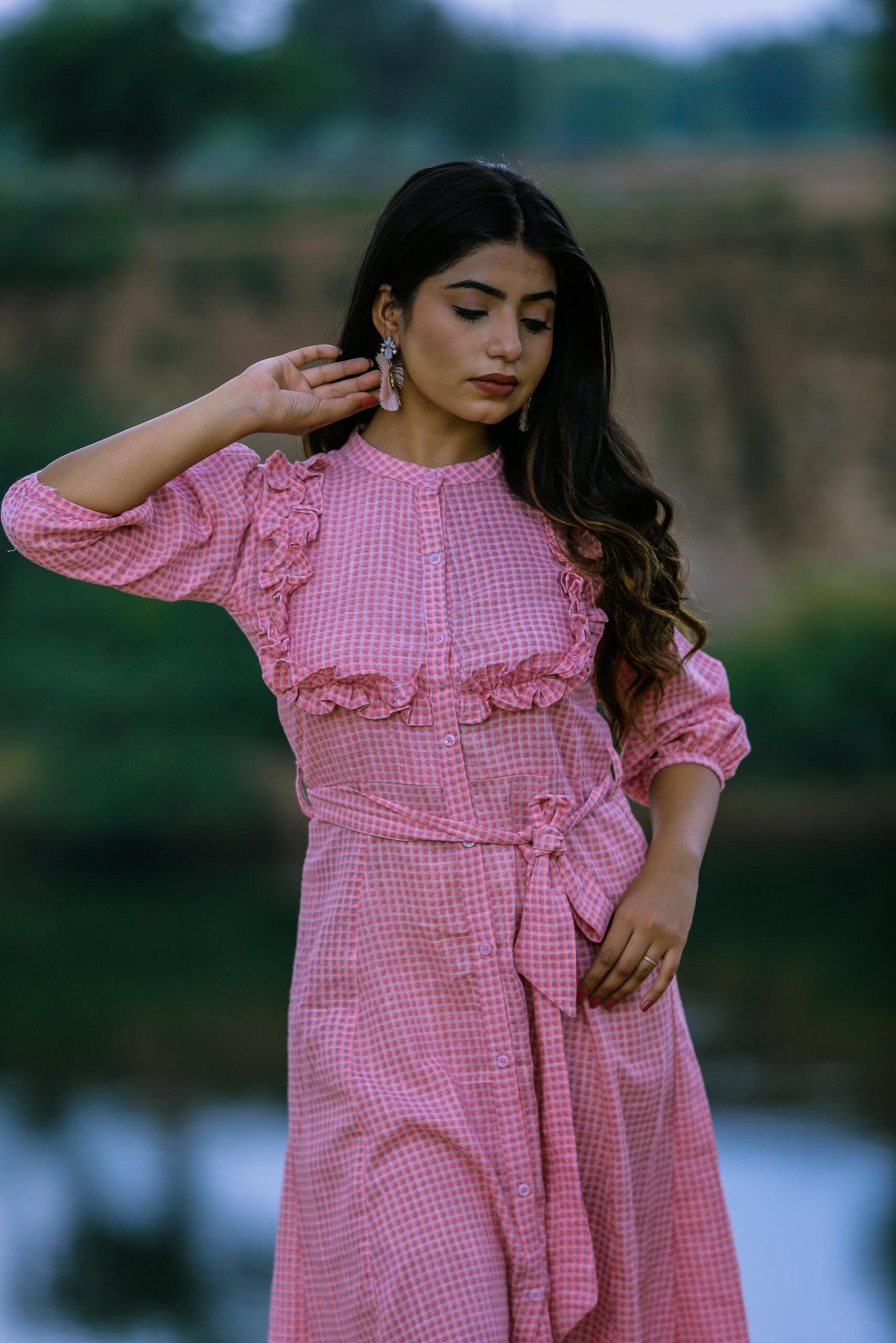 BABY PINK CHECKED SHIRT DRESS