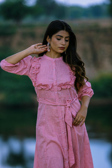 BABY PINK CHECKED SHIRT DRESS