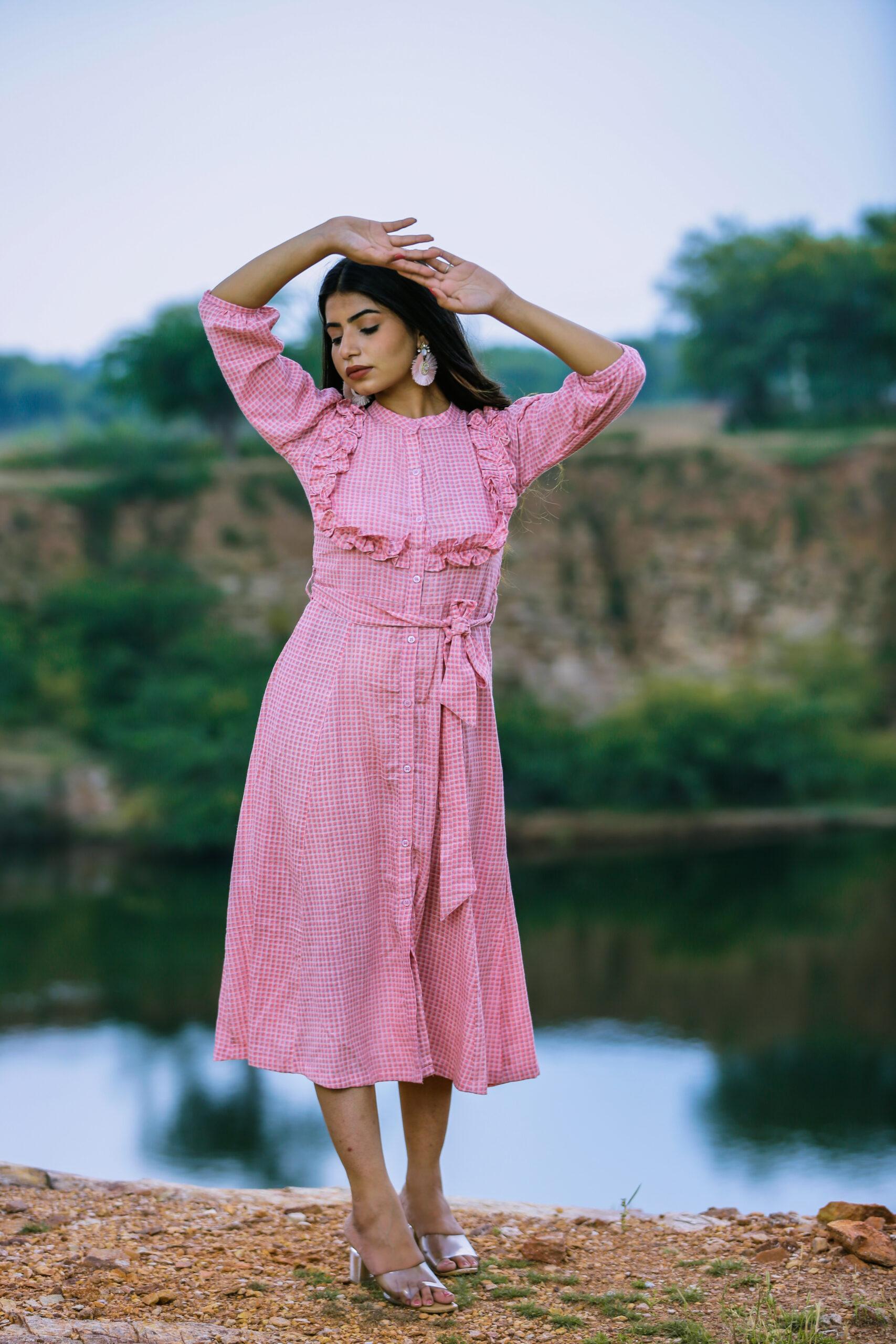 BABY PINK CHECKED SHIRT DRESS