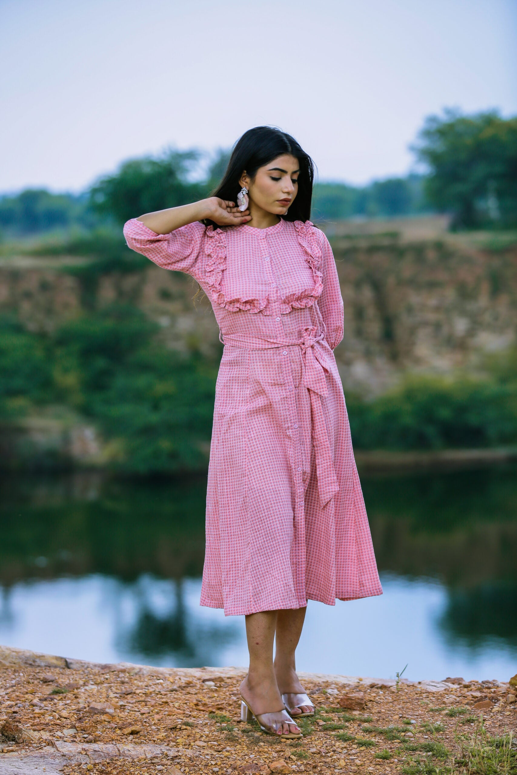 BABY PINK CHECKED SHIRT DRESS