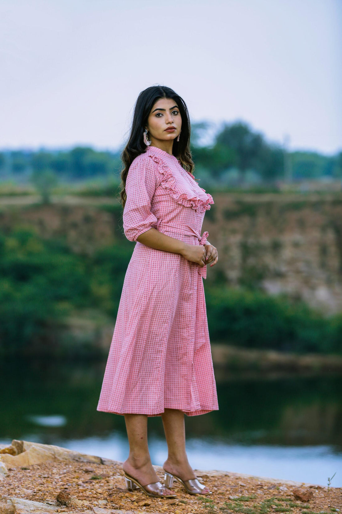 BABY PINK CHECKED SHIRT DRESS