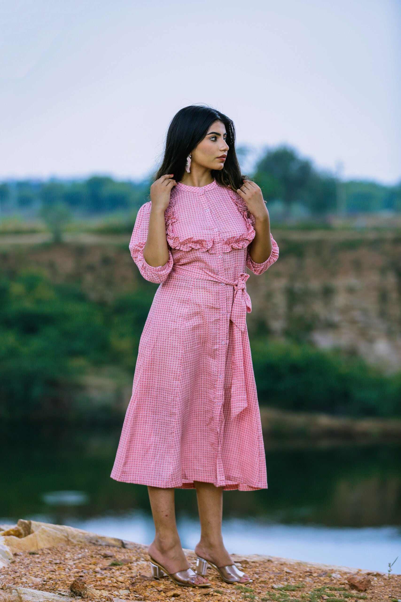 BABY PINK CHECKED SHIRT DRESS