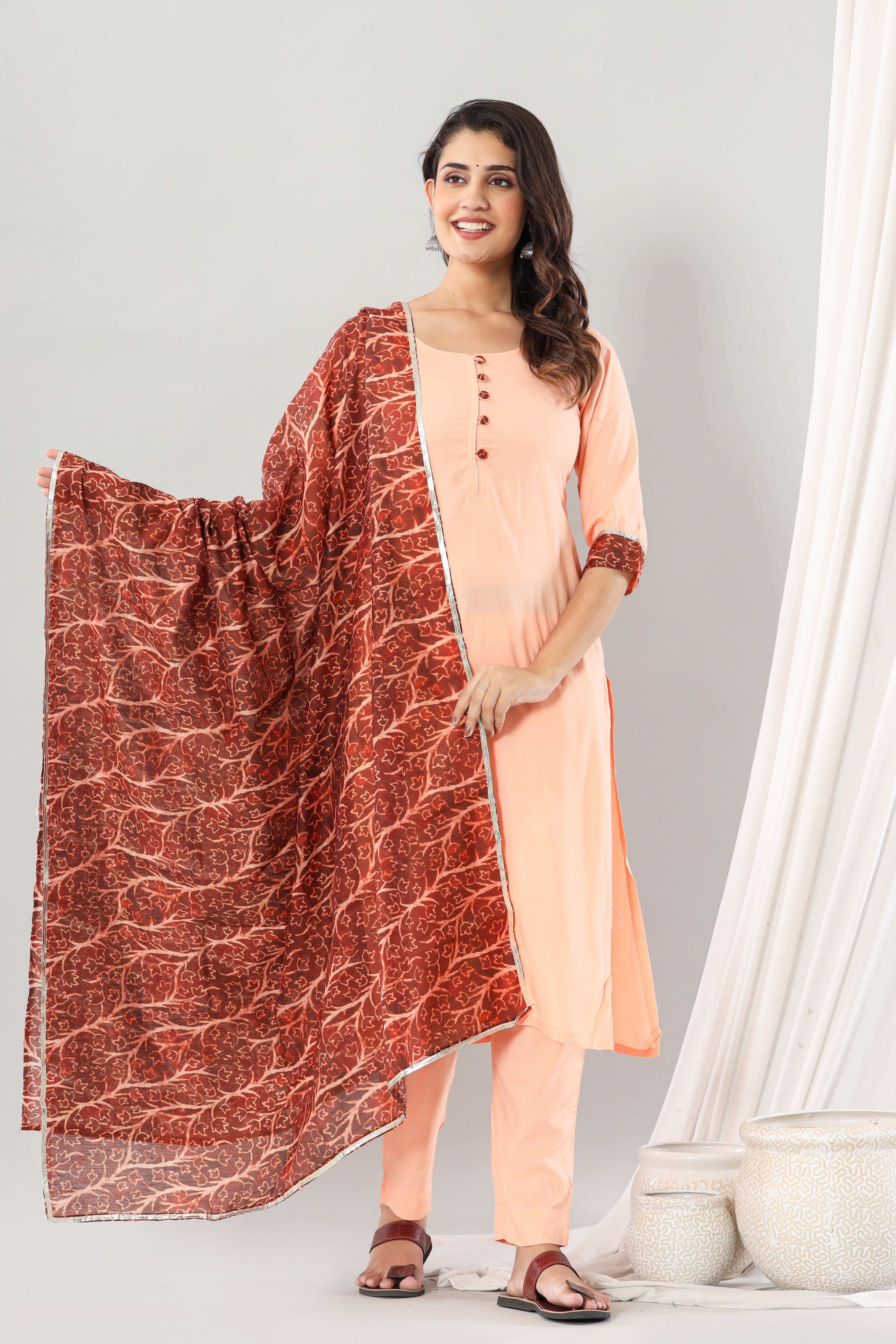 Beige Rayon Muslin Dupatta Set Of Three
