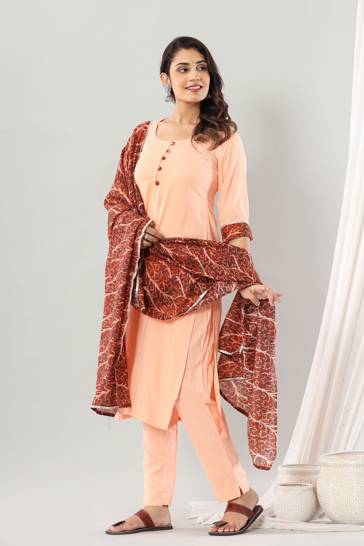 Beige Rayon Muslin Dupatta Set Of Three
