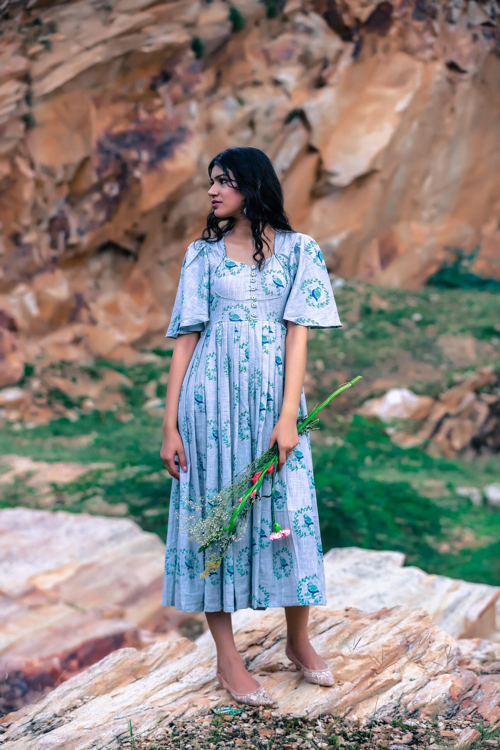 BIRDY PRINT KNEE LENGTH COTTON DRESS BIRDY PRINT KNEE LENGTH COTTON DRESS