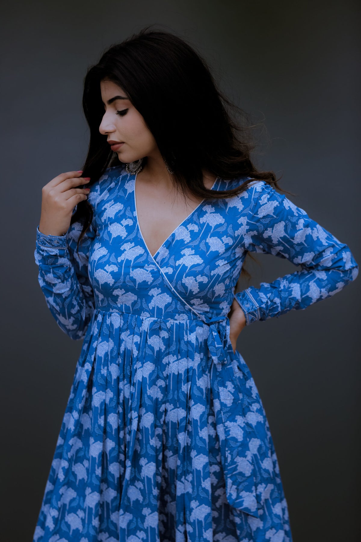 BIRDY PRINT LONG GATHERED DRESS