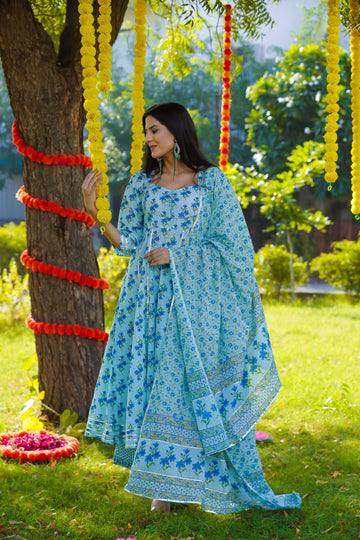 BLUE FLORAL PRINT ANARKALI GOTTA SET OF THREE