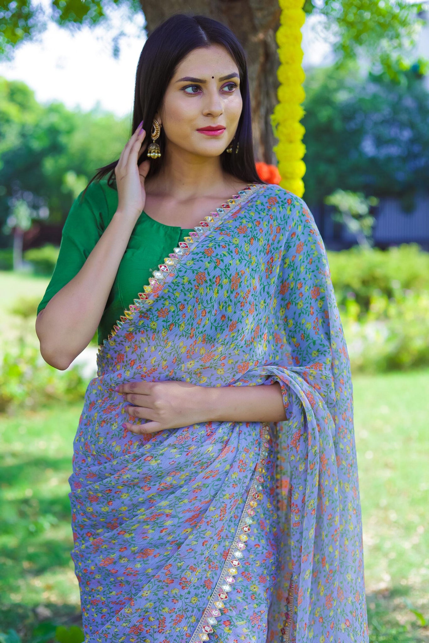 BLUE GREY GREEN BLOUSE SAREE