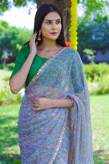 BLUE GREY GREEN BLOUSE SAREE