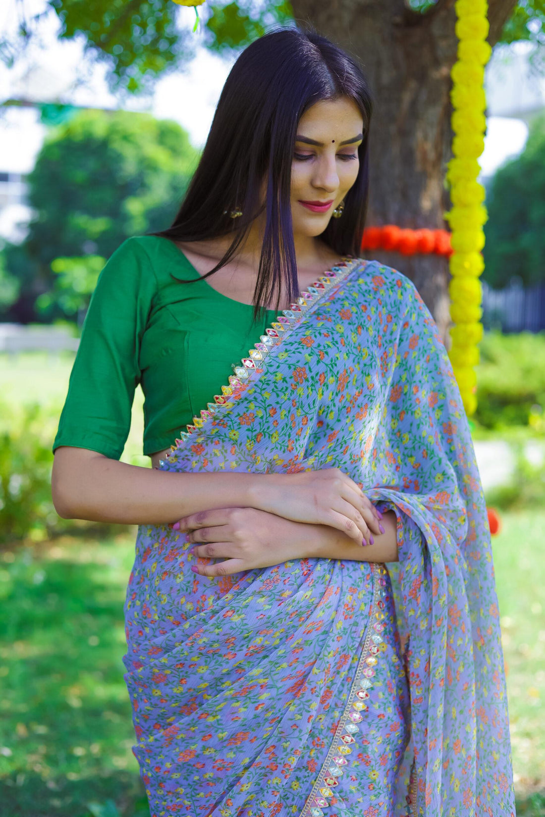 BLUE GREY GREEN BLOUSE SAREE