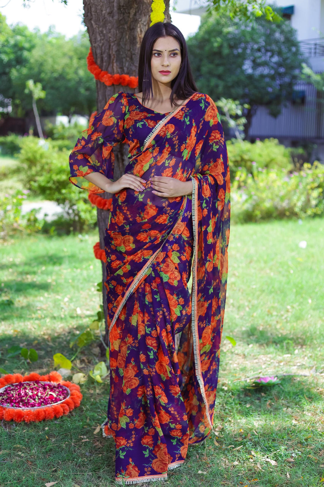 BLUE ORANGE BELL SLEEVES SAREE